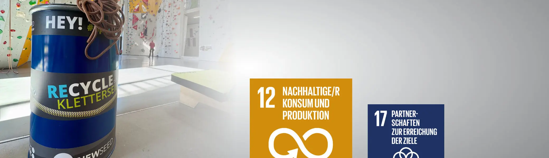 Die Sammeltonne von NewSeed Seil-Upcycling in der Kletterhalle | © DAV Bremen