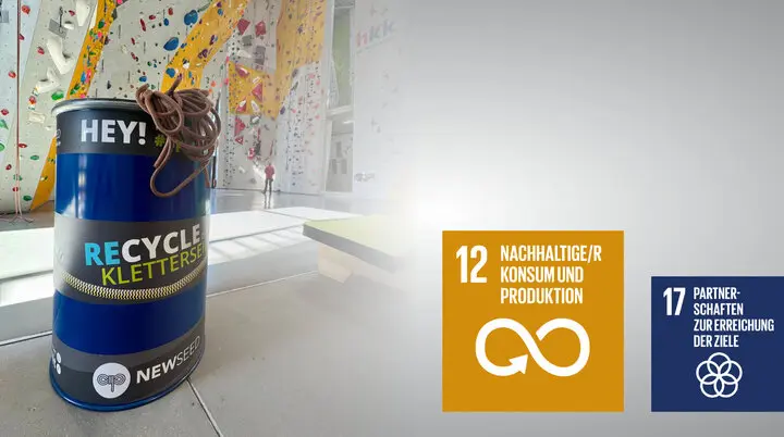 Die Sammeltonne von NewSeed Seil-Upcycling in der Kletterhalle | © DAV Bremen