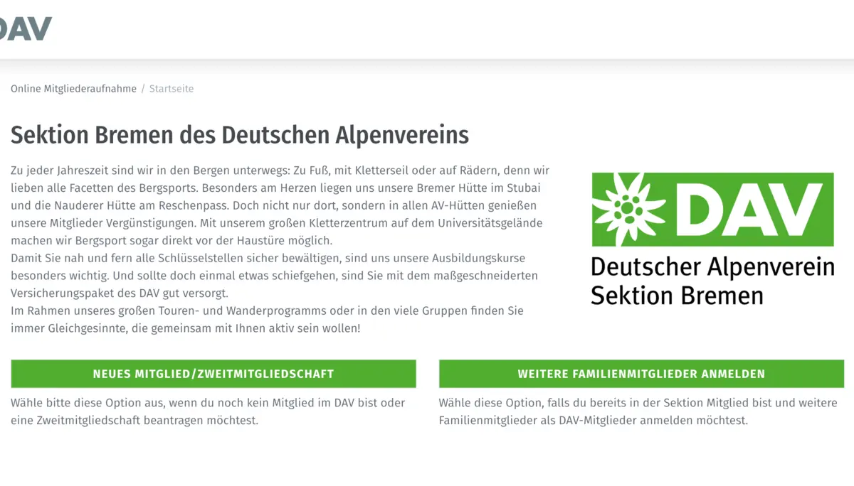 Screenshot: Digitale Mitgliederaufnahme | © DAV Bremen