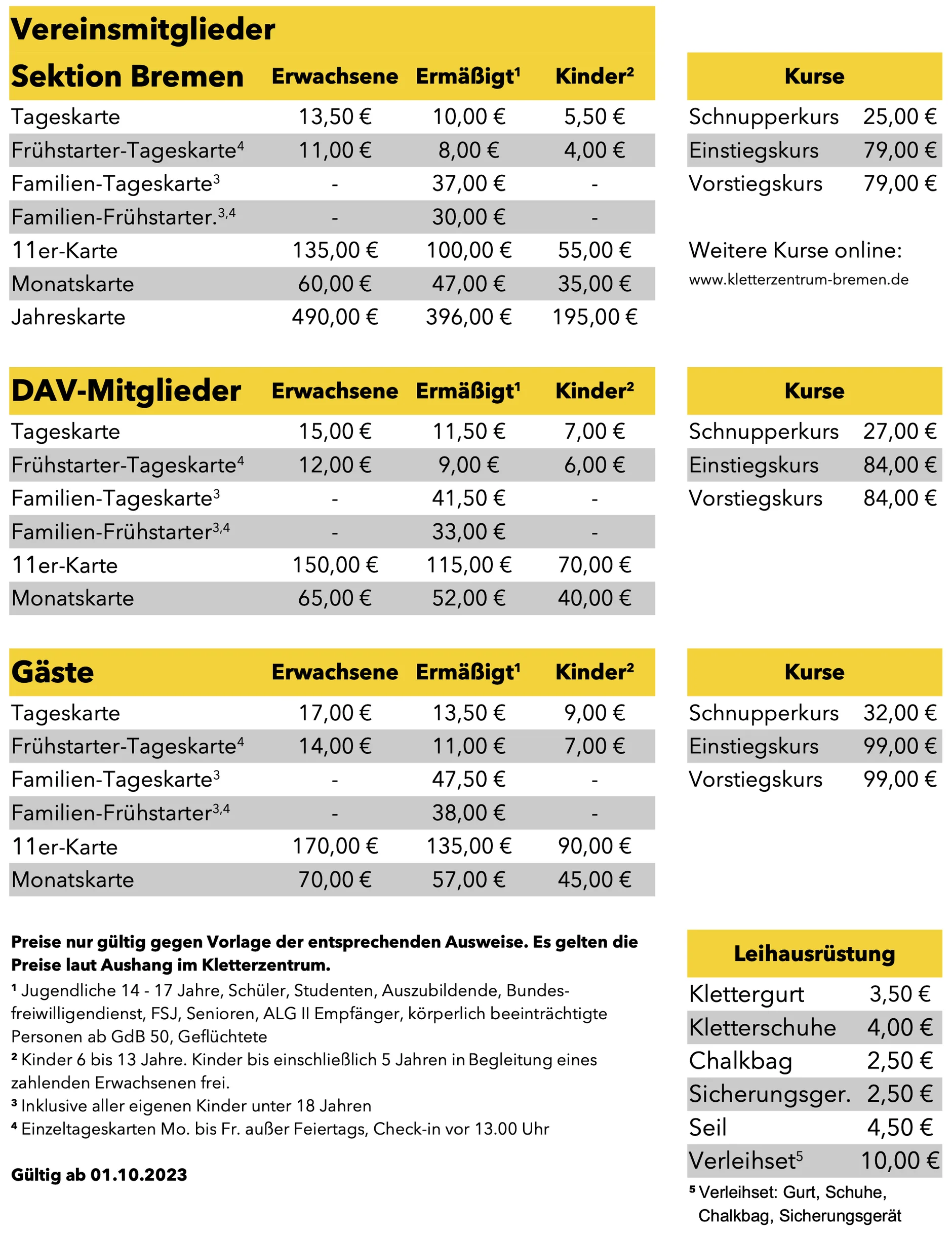 Eintrittspreise des UNTERWEGS - DAV Kletterzentrum Bremen | © DAV Bremen