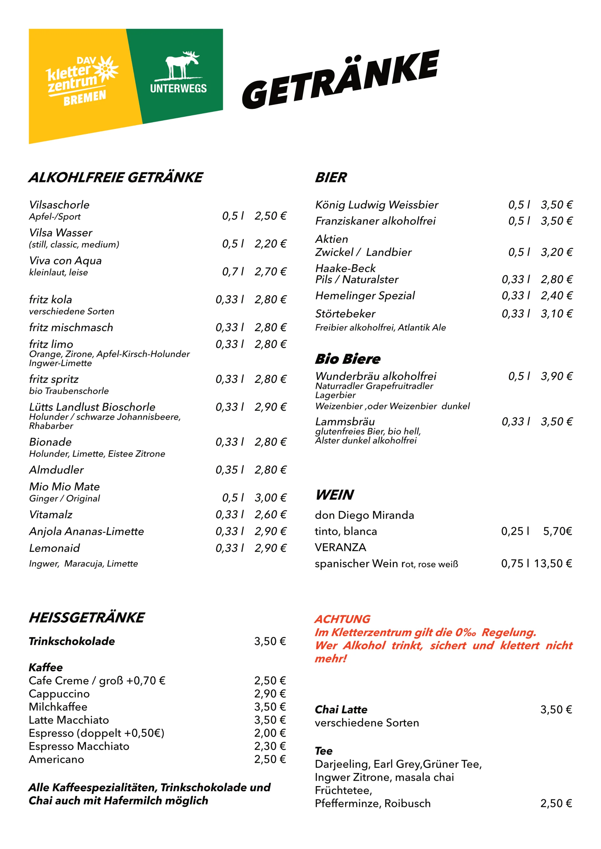Speisekarte Getränke | © DAV Bremen