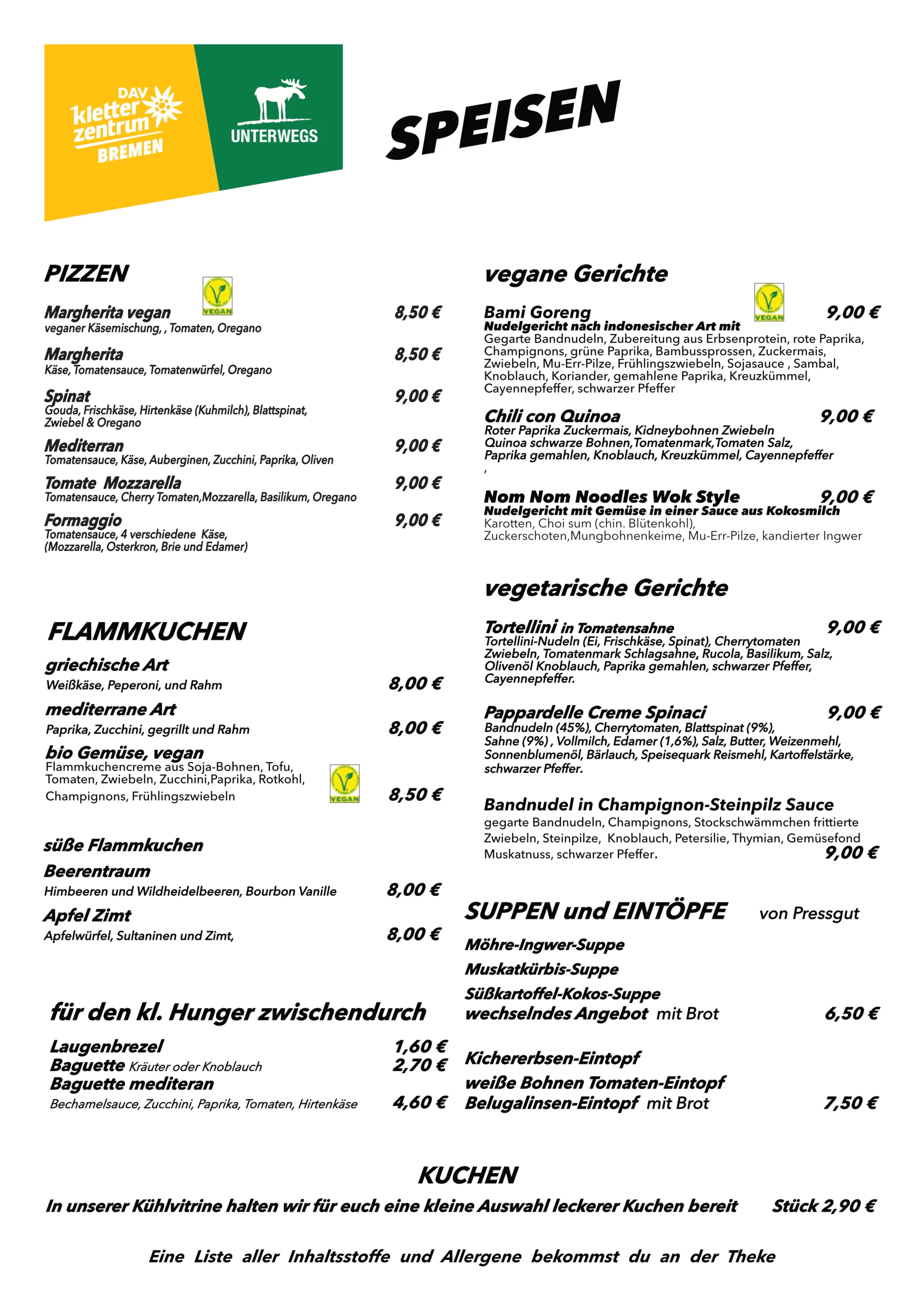 Speisekarte Speisen | © DAV Bremen