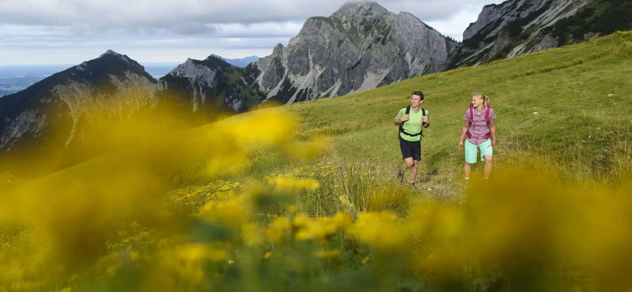 Wanderer im Frühling gehen über eine blühende Wise | © DAV / Wolfgang Ehn